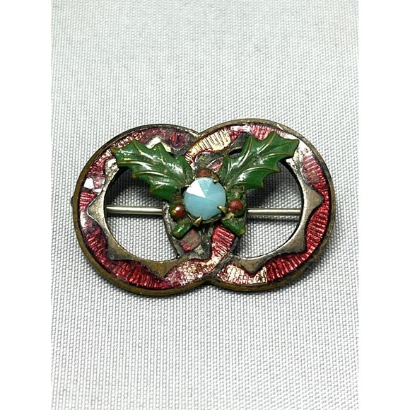 Estate Guilloche Enamel Mistletoe Brooch Pin